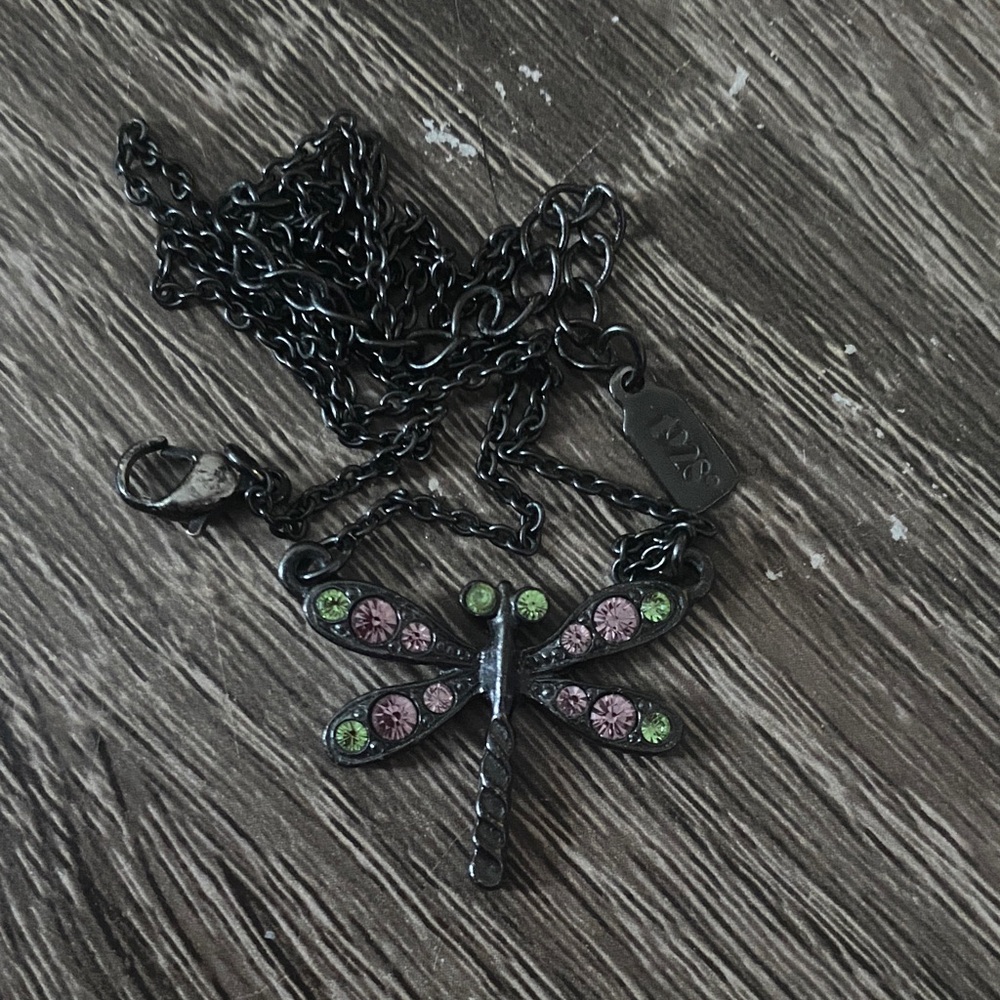 1928 Dragonfly Pendant Necklace with Pink and Green Crystals